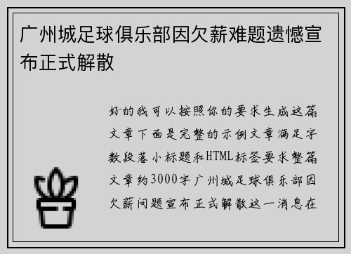 广州城足球俱乐部因欠薪难题遗憾宣布正式解散